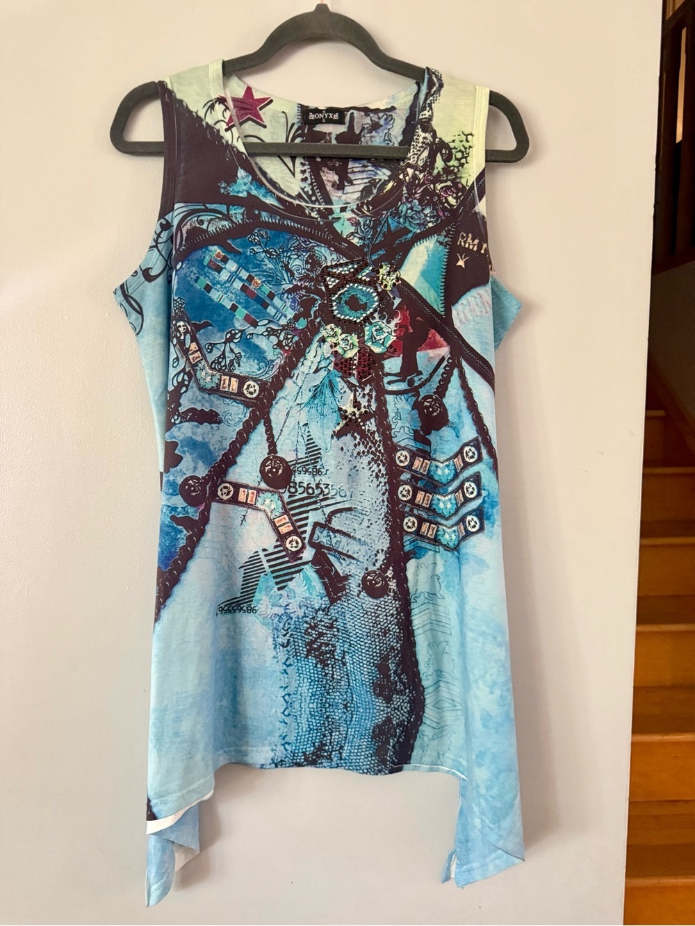 ONYX Y2K Graphic Tank Asymmetrical Handkerchief Hem Embellished Turquoise M-L